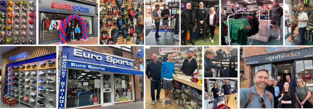 A collage featuring various sports retail stores, showcasing items like footballs, clothing, and footwear. Scenes include storefronts of Simva Sports, Euro Sports, Running Shop, and Sports Locker, along with images of staff members inside the stores and customers browsing.