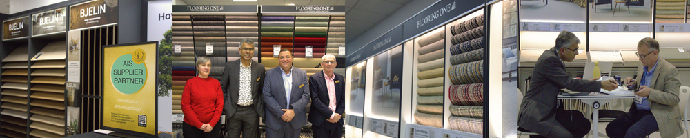 A collage showcasing various displays of fabric samples in a showroom. The center features a group of five people posing together, with two men in suits, a woman in a red sweater, and two others in casual attire. On the sides, individuals discuss fabrics and sample selections while seated at tables.