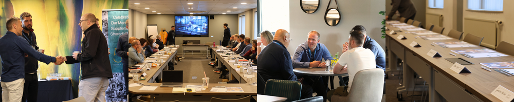 A collage of a business meeting featuring various scenes: a networking event with people shaking hands, a boardroom filled with participants engaging in discussion, small group conversations at a table, and a long table set up with notebooks and materials for attendees.