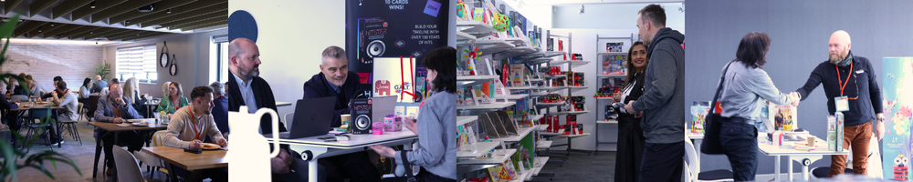 A vibrant conference environment featuring groups of people engaging in discussions, working on laptops, browsing a colorful display of products, and networking at a professional event.