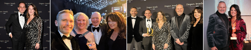 A collage of photos from a formal event featuring groups of people in elegant attire, posing together. The background includes decorative lights and a branded backdrop with the name "Perry's Beads." Some individuals are holding awards.