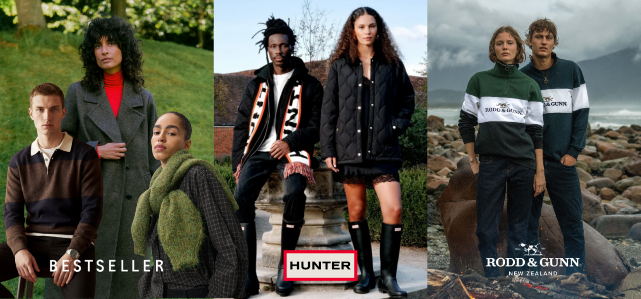 A collage featuring three fashion brand promotions. On the left, a man and two women dressed in casual, stylish clothing stand outdoors. In the center, a man and a woman pose by a stone seat, showcasing a trendy winter aesthetic. On the right, two models in matching athletic-style outfits stand near a rocky shoreline, emphasizing a rugged outdoor vibe. Brand names 