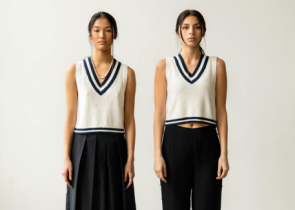 Two women stand side by side, each wearing a sleeveless, cream-colored sweater with a navy blue v-neck and stripes along the edges. One is wearing a longer, flowing black skirt, while the other has a cropped black top tucked into high-waisted black pants. The background is a simple, light color.