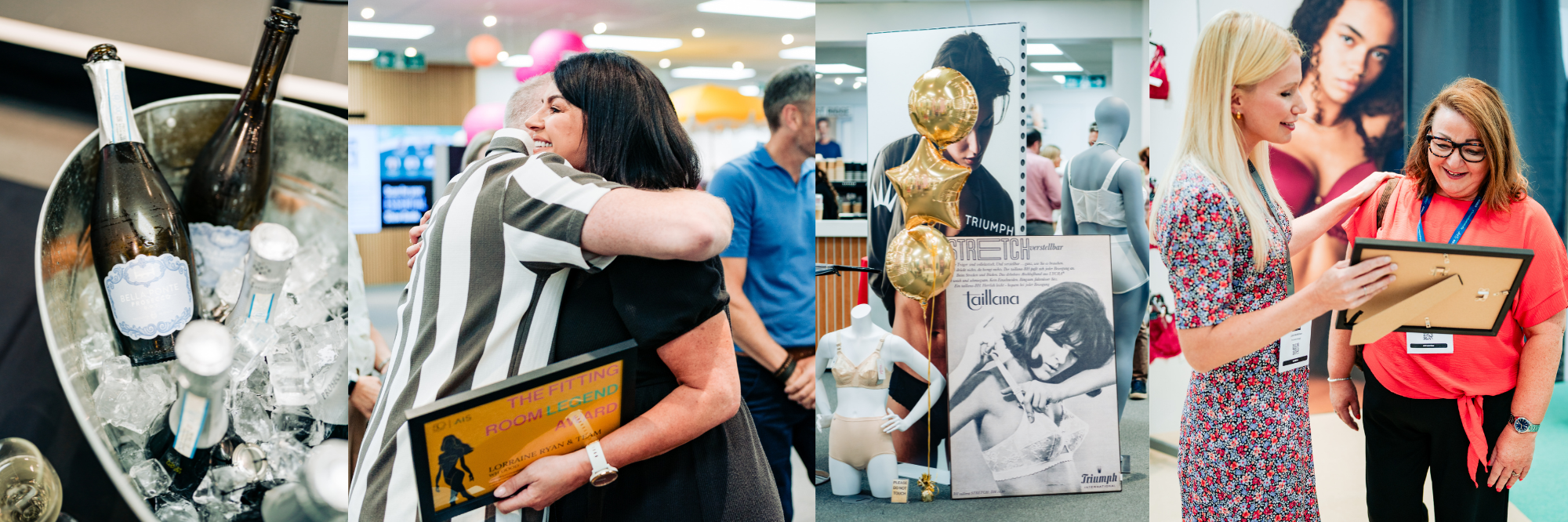 A collage showcasing a celebration event. The first panel shows champagne bottles in an ice bucket. The second captures two women embracing joyfully. The third features a woman pointing to a framed award, while another woman looks on with a smile. The fourth panel displays a promotional display with mannequins and balloons, adding to the festive atmosphere.