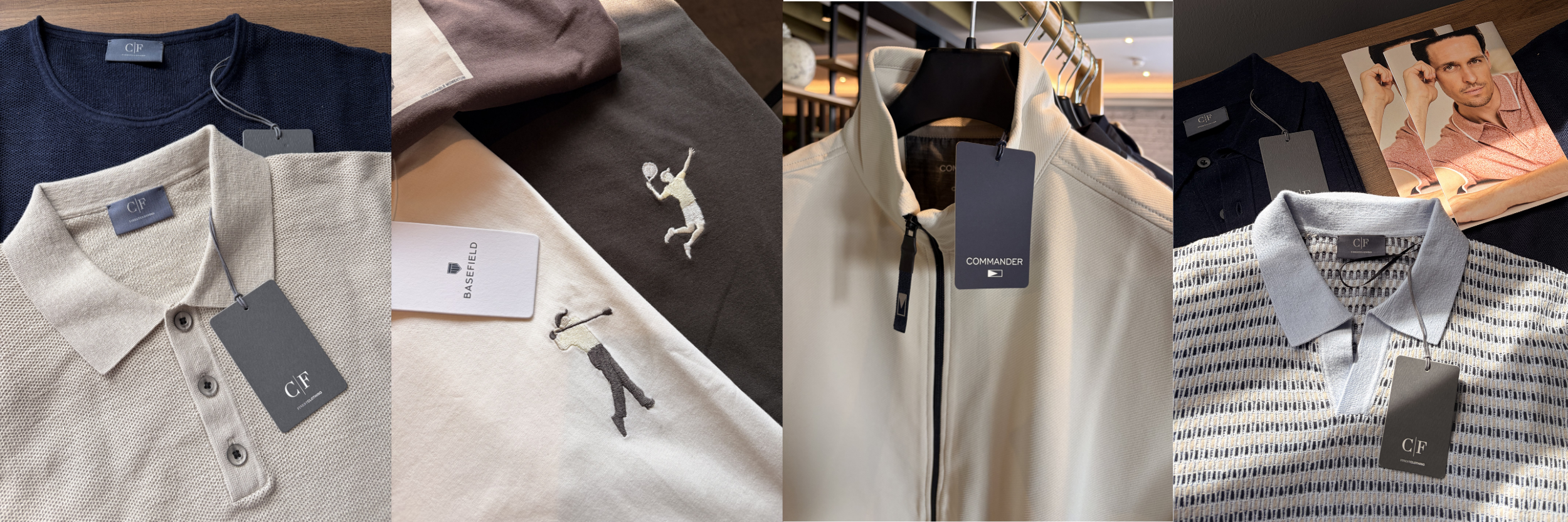 A collage of men's clothing items featuring polo shirts and outerwear. The fabrics are in various colors, including navy, gray, and beige, with some items displaying unique designs like embroidered figures. Tags are visible, showcasing the brand names.