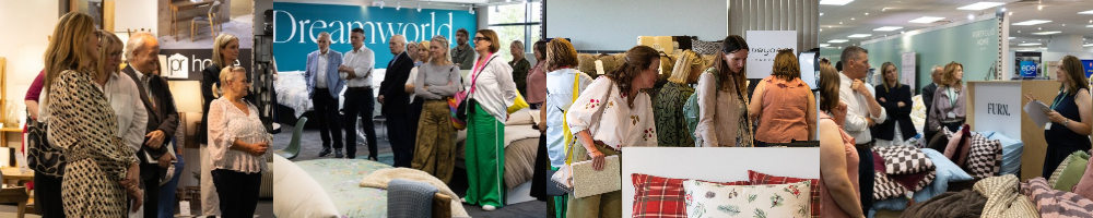 A collage of four scenes from a trade show showcasing home goods. The first scene features a group of attendees listening to a presentation. The second scene highlights a stylish display of bedding and home decor. The third scene shows a diverse group of people exploring various product exhibits. The fourth scene presents attendees examining pillows and blankets at different stalls.