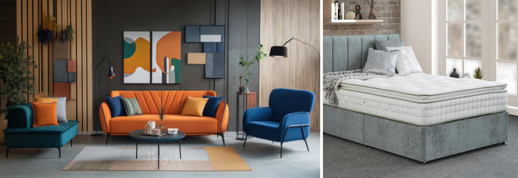 A modern living room featuring an orange and teal sofa set, a round coffee table, and abstract wall art. On the right, a cozy bedroom scene showcases a plush light grey upholstered bed with a white mattress and neutral decor against a brick wall.