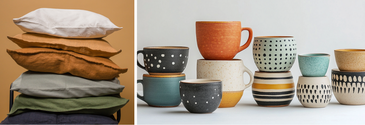 A stack of colorful pillows in various shades on one side, and a collection of uniquely designed ceramic cups and bowls with different patterns and colors on the other side.