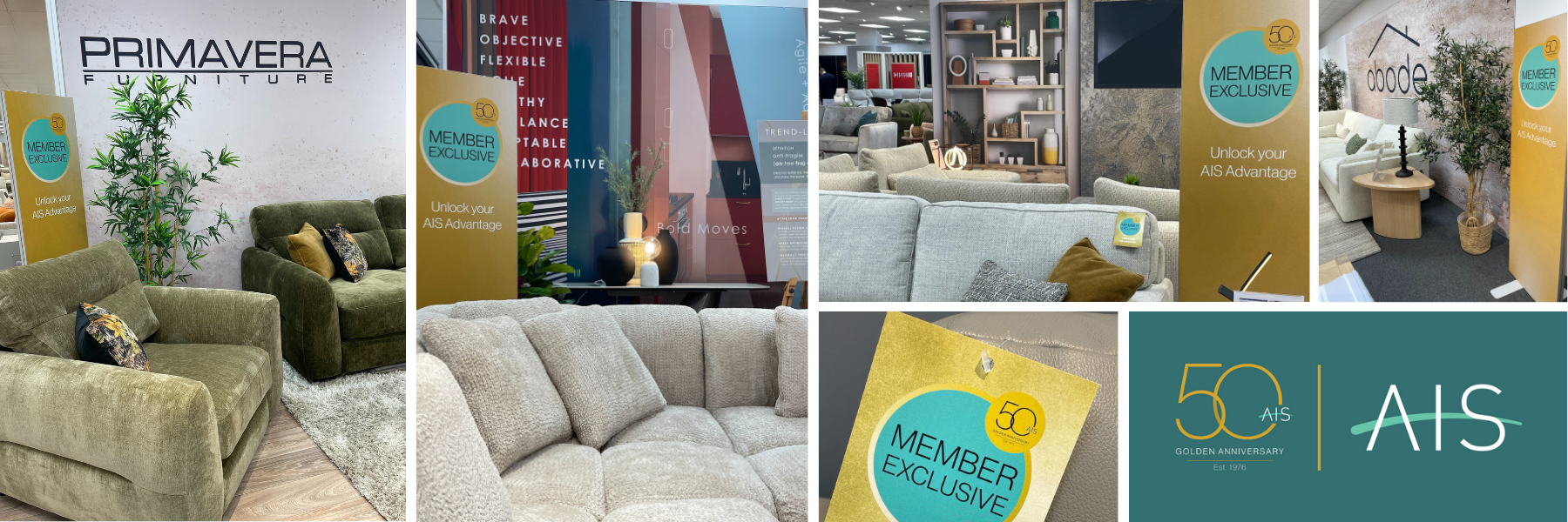 Various furniture displays from Primavera Furniture featuring cozy sofas and armchairs in a showroom. Promotional banners highlight member exclusives and a 50th anniversary celebration for AIS.