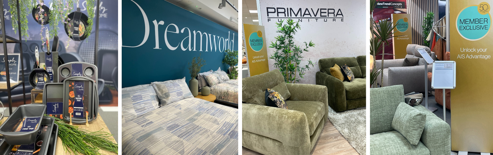 A display showcasing various home furnishings. The left features a cozy seating area with decorative items, while the center highlights a large wall with the word "Dreamworld." The right sections showcase modern furniture pieces, including sofas in different styles and colors, along with promotional signage for member-exclusive offers.