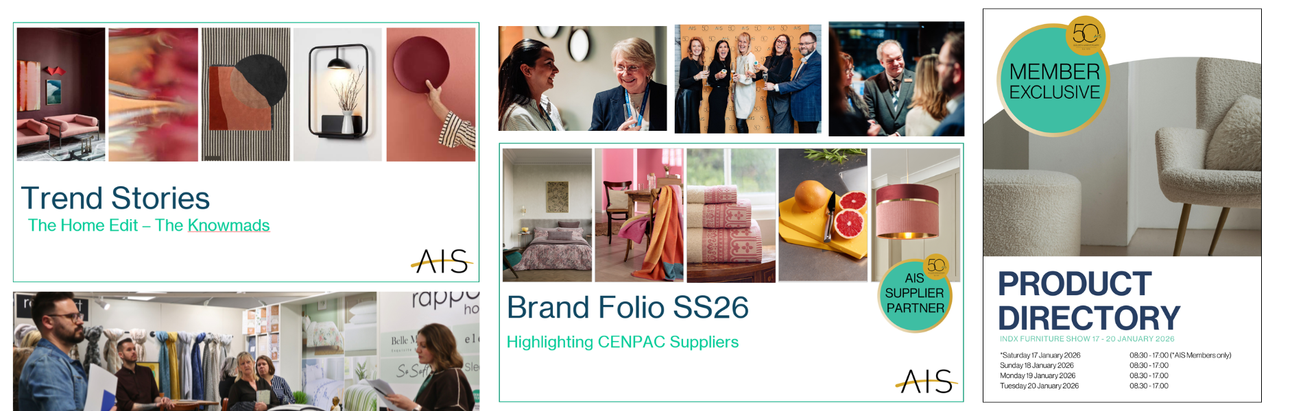 Collage of promotional materials, including a product directory, branding highlights, and trend stories related to home decor and textiles. Features vibrant colors and images showcasing various fabrics and designs.