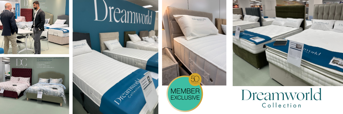 A display of Dreamworld mattresses in a showroom, showcasing various styles and colors. Two people are engaged in conversation near a bed, with several mattress options visible in the background. The collection is marked as "Member Exclusive" and features a logo in the bottom right corner.